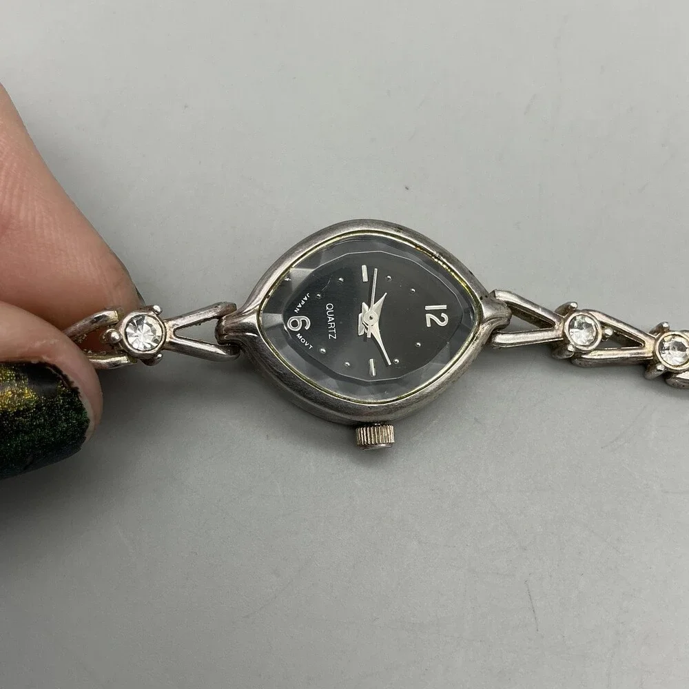 Vtg Avon Women Watch 19mm Black Dial Silver Tone Oval Crystals New Battery 7.25